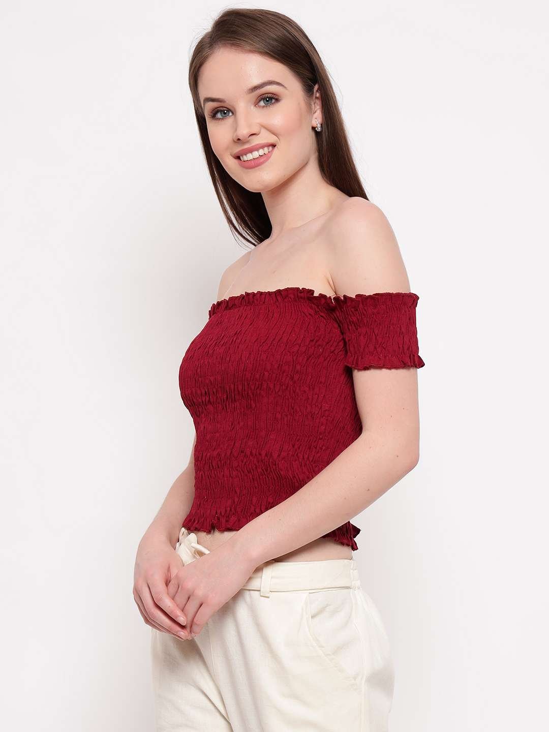 Women's Rayon Solid Off-Shoulder Smocked Crop Top Short Sleeve Casual Styles Tank Top (FREE SIZE) Multi23